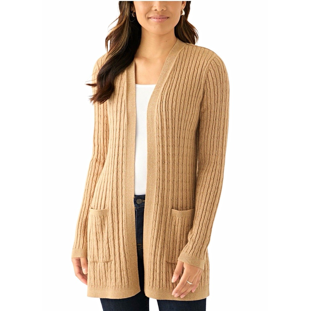 Kim Rogers Women's NWT Cable/Knit Lurex Open Front Cardigan Sweater Tan L
